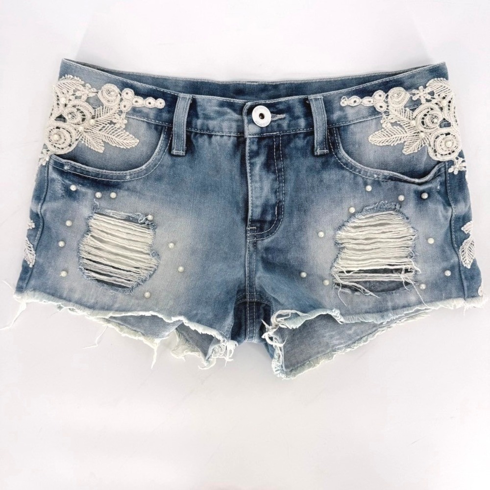 FB Sister Distressed Denim Shorts Lace Pearl Appliqué Romantic Western Cottage